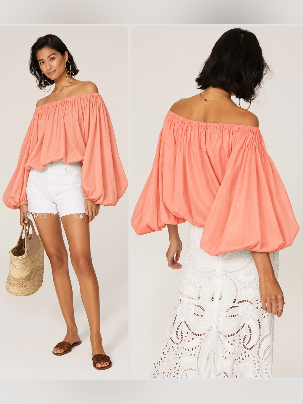 Caroline Constas Andros Cotton Off-Shoulder Balloon-Sleeve Blouse Top NWT $375
